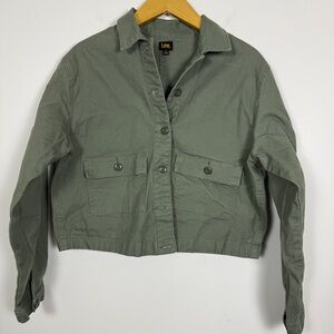 Lee Cropped Utility Jacket Olive Green Button Front Size S